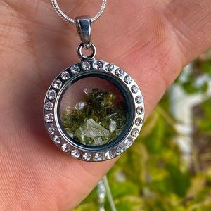 Green Tourmaline Floating Locket Pendant - Silver Glass Locket Pendant